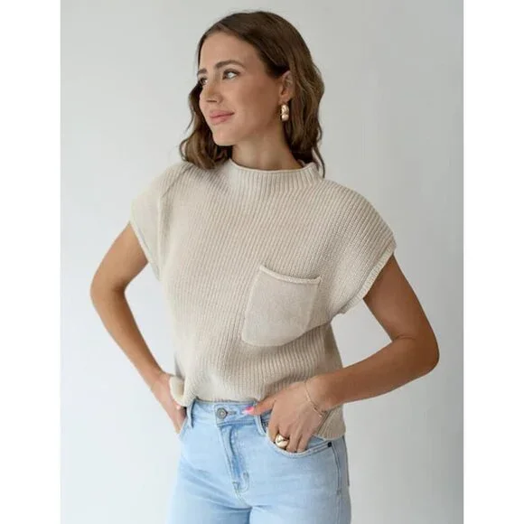 Women's Apricot Sleeveless Knitted Sweater Vest Casual Tank with Front Pocket - Picture 2 of 6